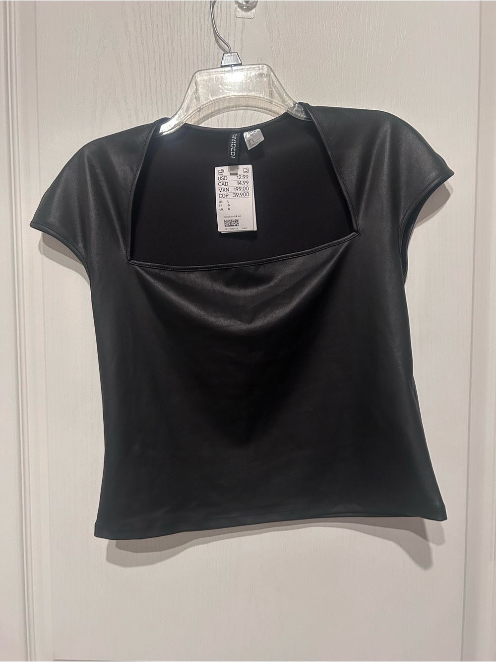 Divided Black Faux Leather Square Neck Short Sleeve Top